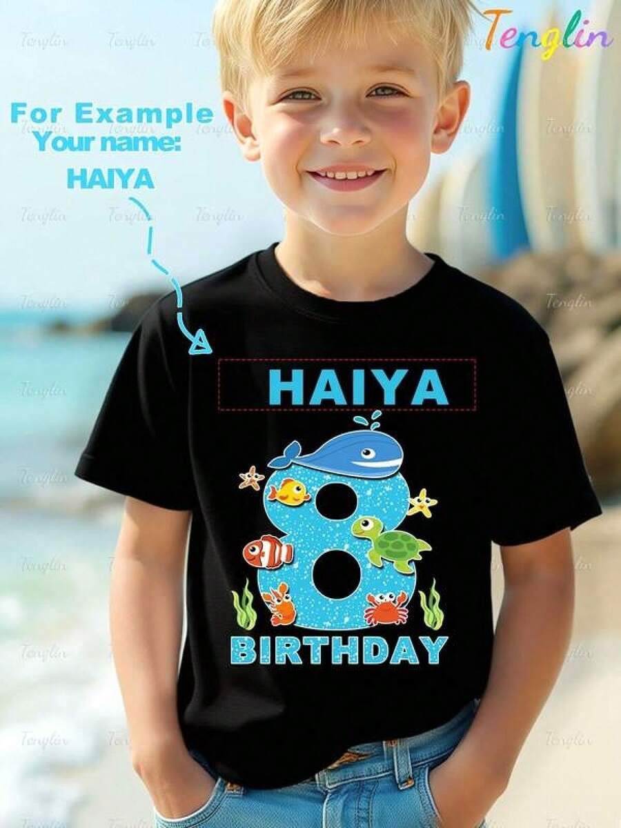 Personalized Name Birthday T-Shirt, Birthday Design With Sea Animals And Numbers, Creative Cartoon Print, Fashionable Short-Sleeved T-Shirt For Children, Cute Casual Short-Sleeved Round Neck T-Shirt For Kids, Suitable For Birthday Outfits In Spring, Summer And Autumn. - 黑色 - 查看 1