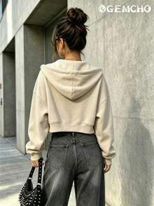 GEMCHO Sudadera con capucha holgada de hombros caídos con cremallera, cordón y bolsillos para mujer - Cómoda para salidas y ejercicio, estilo otoño/invierno - Albaricoque - Ver 3