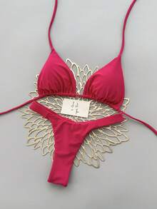 Bộ bikini 2 mảnh phong cách bohemian thanh lịch, gợi cảm, họa tiết hoa, buộc dây, thích hợp cho kỳ nghỉ biển, mùa xuân/hè. - Màu Hoa hồng đỏ - Xem 3