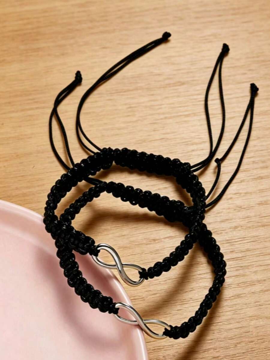2 chiếc vòng tay bện điều chỉnh được hình số 8 thời trang, kiểu dáng thường ngày - màu đen - Xem 1