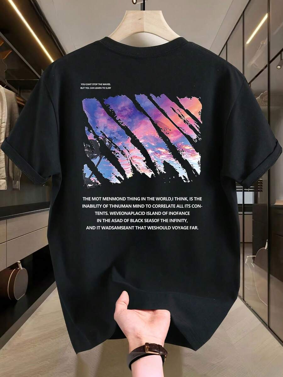 Black Graphic Shirt For Men, Loose And Comfortable - 後退 - 查看 1