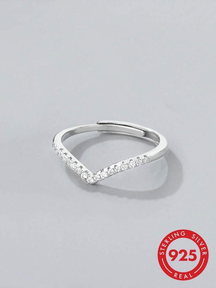 1pc 925 Sterling Silver V-Shaped Adjustable Ring With Cubic Zirconia, Delicate Bone-Shaped Stackable Design, Hypoallergenic Minimalist Style Jewelry For Women, Perfect Gift - Silver - View 1