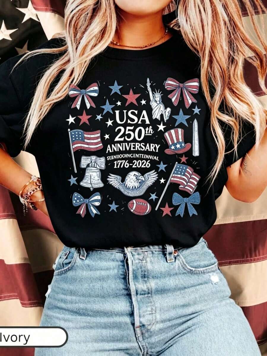 Camiseta del 250º Aniversario de Estados Unidos, Camiseta USA 250, Camiseta Patriótica para Mujer, Camiseta Semiquincentenario 1776-2026, Estilo Coqueta, Camiseta de Algodón de Manga Corta, Clásica, de Algodón Grueso, con Estampado Gráfico, Casual para Mujer - Negro - Ver 1