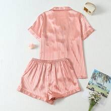 2pcs White Striped Satin Short Sleeve Collared Top And Bow Shorts Pajama Set For Women, Spring/Summer - Coral Orange - View 2