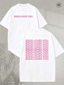 Camiseta con efecto lavado intenso - Camiseta con estampado religioso "Jesus Loves You", letras en rosa, verde y rosa con impresión a doble cara - Ropa cristiana, cuello redondo unisex, adecuada para la iglesia, uso casual, ideal para regalar - Cuello redondo suave y lavable a máquina. - Blanco - Ver 1