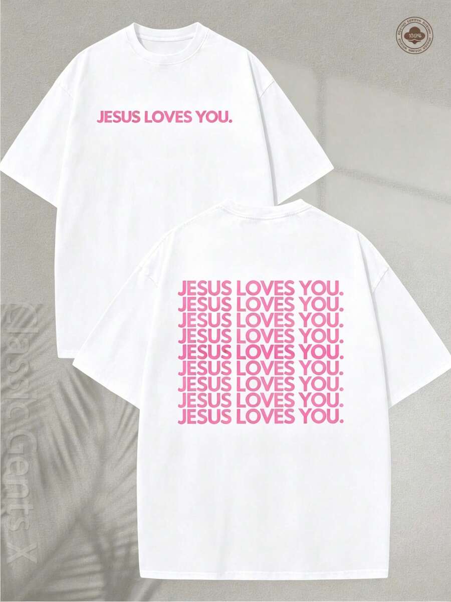 Camiseta con efecto lavado intenso - Camiseta con estampado religioso "Jesus Loves You", letras en rosa, verde y rosa con impresión a doble cara - Ropa cristiana, cuello redondo unisex, adecuada para la iglesia, uso casual, ideal para regalar - Cuello redondo suave y lavable a máquina. - Blanco - Ver 1