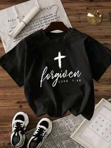 Camiseta blanca, talla grande para mujer, disponible con estampado Luke748, inspirada en la fe cristiana, camiseta gráfica casual de corte holgado, tops de verano, camisetas con mensajes religiosos, ropa de verano para mujer, camisetas gráficas, tops cortos para mujer, ropa de mujer, ropa vintage de algodón, conjunto navideño para mujer, vestidos elegantes para mujer, gimnasio, blusas deportivas navideñas, sudaderas, tops deportivos, blusas de mujer, ropa deportiva, ropa de invierno para mujer - Camiseta de algodón de manga corta, cuello redondo, estilo urbano vintage, unisex, corte holgado. Camiseta deportiva para mujer - Negro - Ver 2