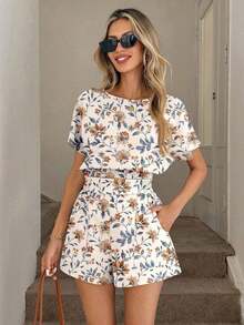 Set de 2 piezas de top corto y shorts con cintura ajustada, estampado geométrico abstracto de líneas, cómodo y casual para vacaciones y uso diario, primavera/verano - Multicolor 5 - Ver 4