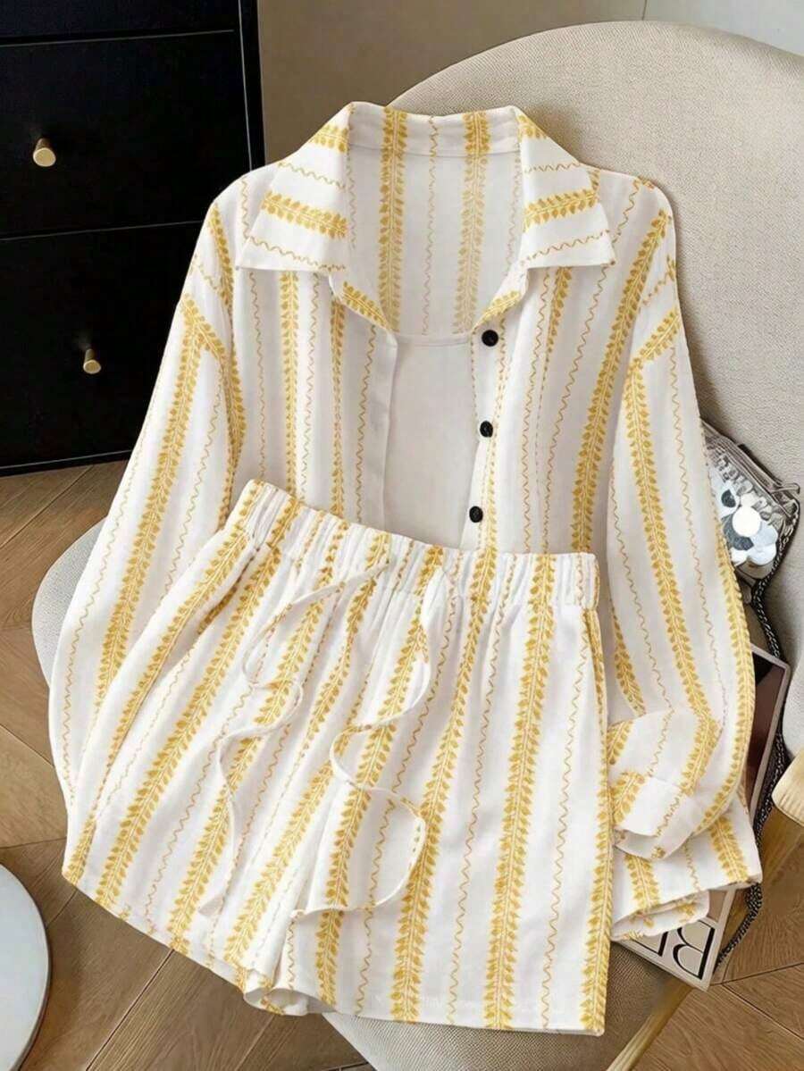 Conjunto de camisa y pantalones cortos de protección solar con estilo bohemio, conjunto de 2 piezas para mujer en verano - Amarillo - Ver 1
