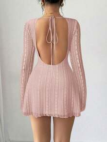 Elegant And Romantic Dress, Stylish For Work, Sexy, Suitable For Parties, Holidays, Back To School, Romantic Dates, Weddings Or Birthdays, Fitted, Lace, Long-Sleeved And Mini, For Autumn/Winter - 酒紅色 - 查看 2