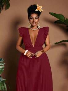 Maweii Vestido elegante con cuello en V, mangas cortas, espalda descubierta y pliegues, talla grande - Burdeos 2 - Ver 3