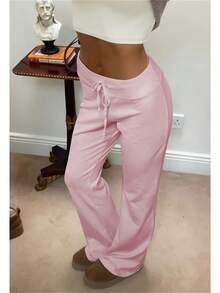 High-Waisted Straight Leg Trousers In Solid Color - Rose - View 3