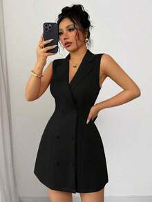 Nuevo vestido mini de mujer con diseño de lazo, de cuello de solapa, doble botonadura, escote en V profundo, sin mangas, ajustado, versátil para fiesta, cita, joven, elegante, pequeña y sexy - Negro - Ver 5