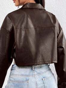 Chaqueta de cuero PU corta de color marrón sólido y minimalista para mujer, de manga larga - Marrón - Ver 7