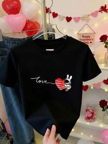 Camiseta de Manga Corta con Estampado de Corazón y Conejo Espacial y Texto Love para Ocasiones Casuales - Negro - Ver 2