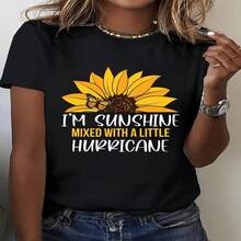 1 pieza de  playera para hombre y mujer, 100% algodón puro, cuello redondo casual con estampado, manga corta transpirable para uso diario, dise?o femenino con girasol y mariposa - Negro - Ver 2