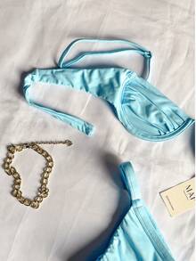 Underwire Bikini With Half-Cup Bra And Thong Bottom With Adjustable Straps. - Baby Blue (rim) - View 2