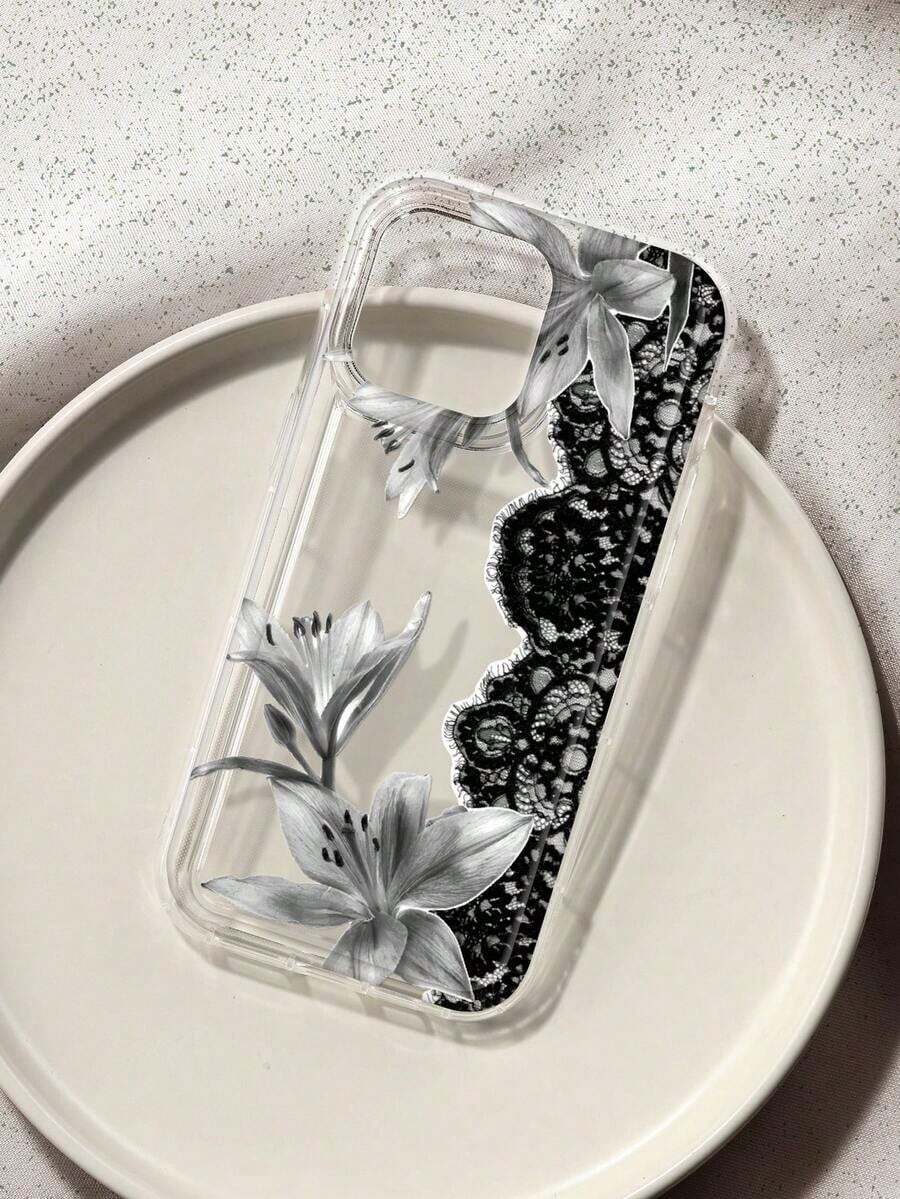 Funda de teléfono transparente con encaje de lirio negro y blanco, cubierta protectora con estética retro gótica de parches florales, compatible con iPhone 13/11/17/17pro/16/14/15/15pro/15 Plus/15 Promax/7plus/8plus/X/Xs Max/Xr/11pro/12pro/13pro/14pro/12mini/13mini/11promax/12promax/13promax/14promax/14plus/17pro Max/17Air/6/6s Plus/7/8/16Pro/16plus/16promax/Se2/17promax y compatible con Samsung Galaxy/A54/A14/A12/A13/A15/A32/A33/A24/A52S/S20/S21/S22/S23/S24/S23Plus/S24ultra/S25/A15/A33/A23 - Multicolor 4 - Ver 1