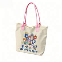 Miniso One Piece Cute "Straw Hat Crew" All-Member Chibi Print Canvas Tote Bag,Beige Shoulder Bag For Daily Use - Pink - View 3