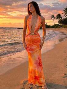 xheAloruh Vestido de mujer con diseño halter escotado en la espalda y decoración metálicaxhe - Naranja - Ver 2