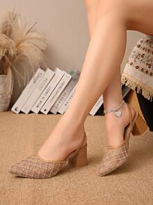 New Chinese Style White High Heel Mules, Pointed Toe Lace Embroidery Convertible Sandals For Women - Brown - View 3