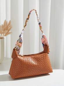 Korean Textured Casual Minimalist Woven Pattern Retro Commuter Underarm Crossbody Bag - Brown - View 3