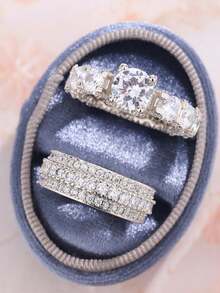 Bộ nhẫn đôi hình giọt nước và quả lê hình bầu dục chữ V thanh lịch, đính đá Cubic Zirconia tổng hợp, quà tặng đính hôn, cưới hỏi. - trắng - Xem 1