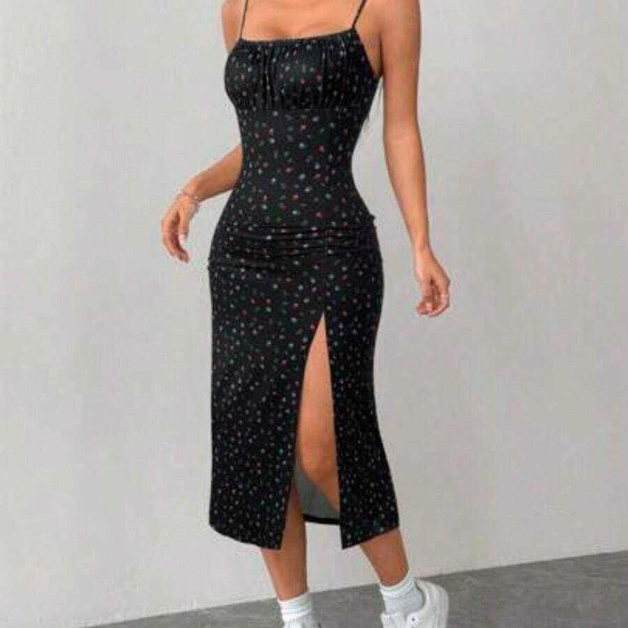 guangzhougaolangshangmao PETITE Vestido de media longura de corte ajustado con abertura lateral y tirantes con estampado floral rojo y azul para primavera y verano - Negro01 - Ver 1