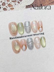 10pcs Handmade Nails Oval Nails Homemade Press On Nails Acrylic Short Pink Green Nails, Cateye Glitter Asymmetric Metallic Lines Mica, Summer Nails DIY False Nail Art Party Daily Dating Vacation Outfits Getaway Women Girls Gift Nail Supplies - Multicolor - View 3