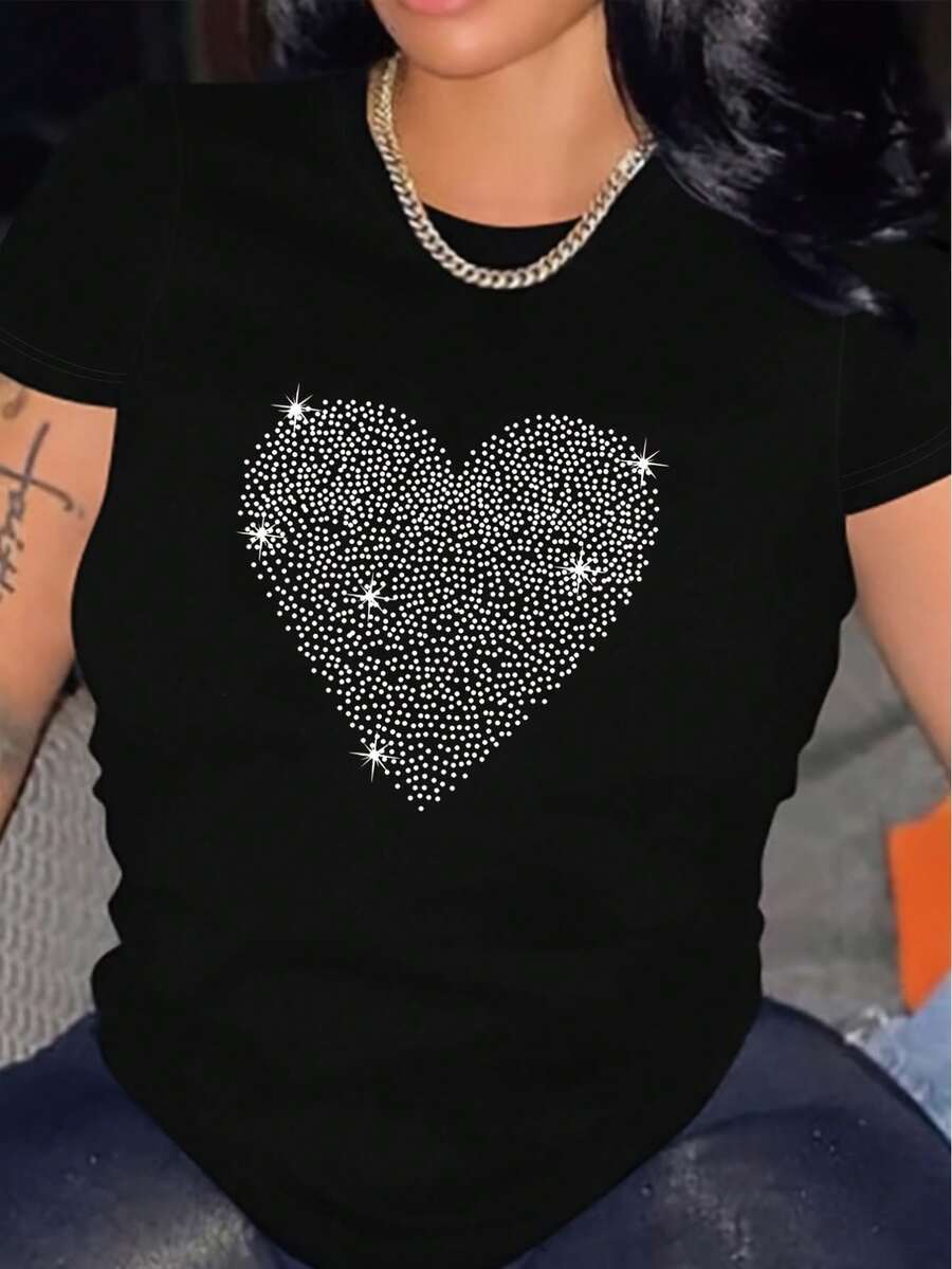 New Arrival,Chic Sparkling Heart Print Crew Neck T-shirt, Four seasons casual short-sleeved round neck T-shirt, Women'S Clothing,Best Gift for you - Noir - Voir 1