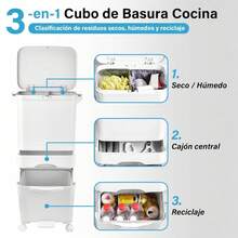 Genérico Cubo de basura de cocina de 43.2 L con 3 compartimentos, cubo de reciclaje grande de pp, sistemas de separación de residuos, cubo de basura con pedal, tapa con ruedas y asa para cocina 43.2L (24L+5.2L+14L) - Ver 3