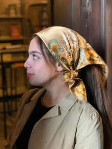 Women's Large Square Satin Scarf 90x90 Elegant Fashion Bandana For Hair And Neck - L5-cáqui claro - 查看 3