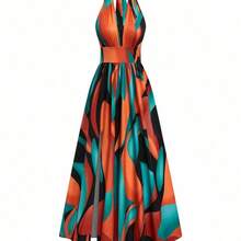 Nuevo vestido maxi de diseño elegante y sexy de estilo francés con cuello en V, halter, cintura expuesta, espalda descubierta, corte evasé y abertura, sin mangas, con estampado floral rojo y verde, de alta calidad y sofisticado para mujeres - Multicolor - Ver 5