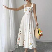 guang zhou mi qian shang mao  Vestido de línea A con estampado de patchwork en la cintura para mujer, elegante para vacaciones, viajes y uso diario, sin mangas - Albaricoque - Ver 2