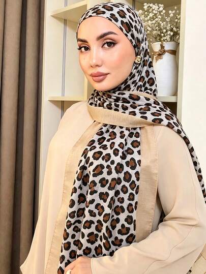 Breathable Women's Solid Color & Leopard Print Patchwork Modest Hijab Muslim Headscarf, Spring/Summer