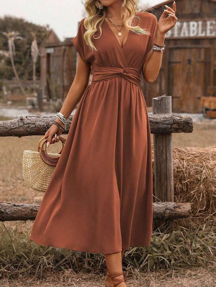 Vestido Midi SXWandoria para Mujer, Estilo Bohemio Occidental, Casual, con Cintura Fruncida, Espalda Cruzada y Torcida, Hombros Caídos y Mangas Acampanadas, para Primavera/Verano - Óxido marrón - Añade 3