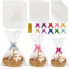 20/30 Packs Cellophane Bag With Golden Twist Rope And Colored Bow, Clear Basket OPP Plastic Cellophane Packaging Bag For Gift Display, Christmas, Halloween, Valentine's Day And Birthday Party Gift Bag - View 8