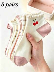 1/5 Pairs Women's Cherry Wood Ear Pink Short Socks, Cute Sweet Breathable Low-Cut Socks, Versatile For Daily Wear, Suitable For All Seasons - Multicolor - View 7