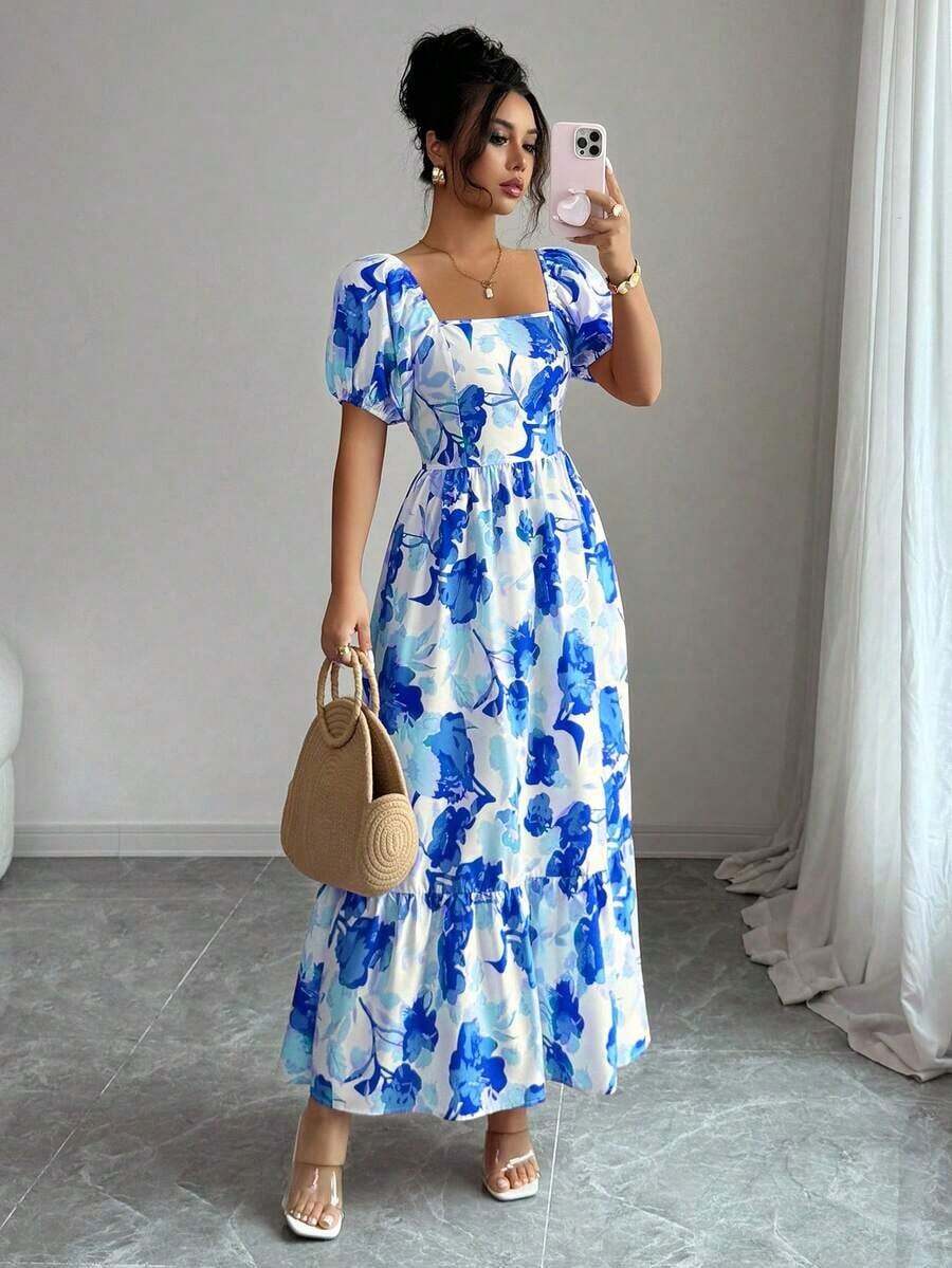 Women's Dress With Petal Sleeve Design, Square Neck And Fitted Waist With Print - 白色 - 查看 1