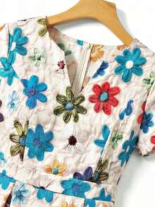 xheVestido midi de mujer  con estampado floral sólido y cuello con muesca, de manga corta, adecuado para primavera/verano, vestido casual de moda para salidasxhe - Azul - Ver 3