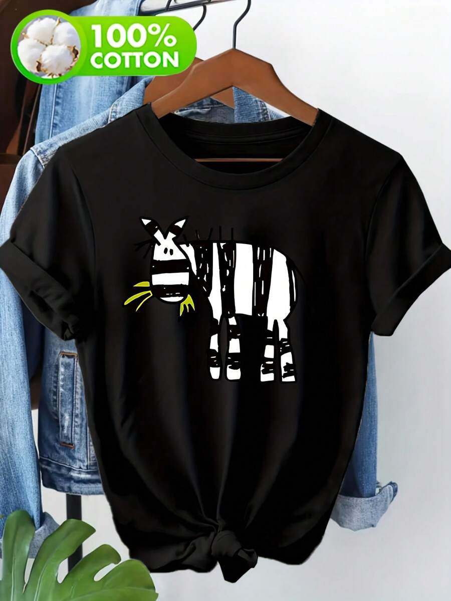 100% Women's T-Shirt, Fun Cartoon Zebra Print Round Neck T-Shirt, Casual Summer Shirt For Women, Versatile Casual T-Shirt. - 黑色 - 查看 1