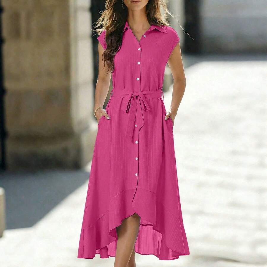 Summer Fashion Elegant Striped Dress With Tie Waist And Irregular Hem, Suitable For Daily Commuting, Dating, Vacations, And Parties. Simple, Stylish, And Casual Wear - 玫紅色 - 查看 1
