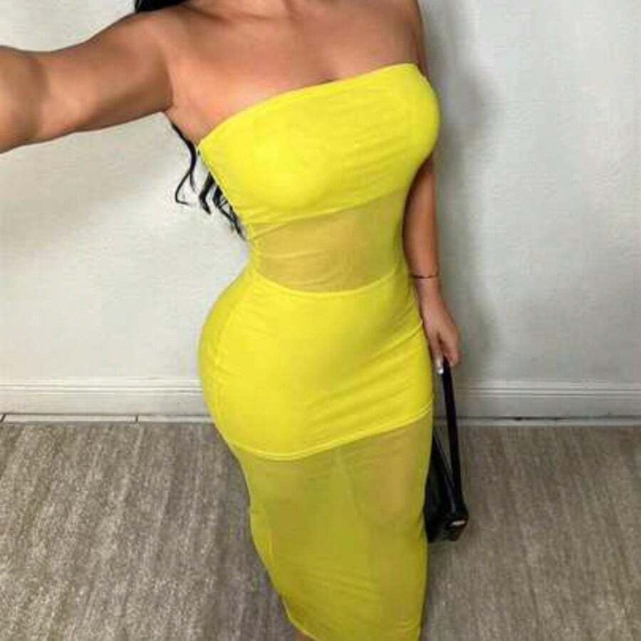guang zhou mi qian shang mao Vestido transparente de unicolor sin tirantes y sin mangas, sexy - amarillo ganso - Ver 1