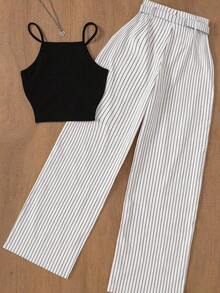 Conjunto de top sin mangas y pantalones a rayas casual para mujer, adecuado para la oficina y el jardín, elegante para primavera/verano - Gris y negro - Ver 9