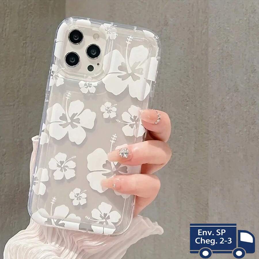 Capinha de Celular Transparente com Flores Delicadas Anti-Impacto Resistente com 3 Modelos: Cerejeira Rosa Flor de Cerejeira Completa e Hibiscos Brancos Estilo Floral para Phone 17 16 15 14 13 12 11 X XR XS Pro capinha phone 15 promax capinha phone 17 pro capinha phone 16 promax capinha phone 13 pro brasil masculino - Multicolorido 3 - Visão 1