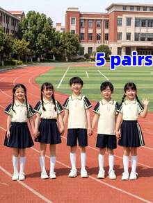5 Pairs Back To School White Knee-High Socks, Tall Socks, School Uniform Socks, Calf Socks For Boys And Girls, Outdoor Sports, Football Socks - White - View 5