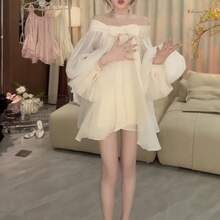 Off-Shoulder Bow Chiffon Dress, Sweet, Loose, Slimming, Puffy A-Line Short Skirt - 杏色 - 查看 3