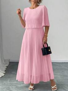 Vestido plisado de gasa con estampado floral de estilo francés elegante, talla, primavera/verano - Rosa - Ver 3