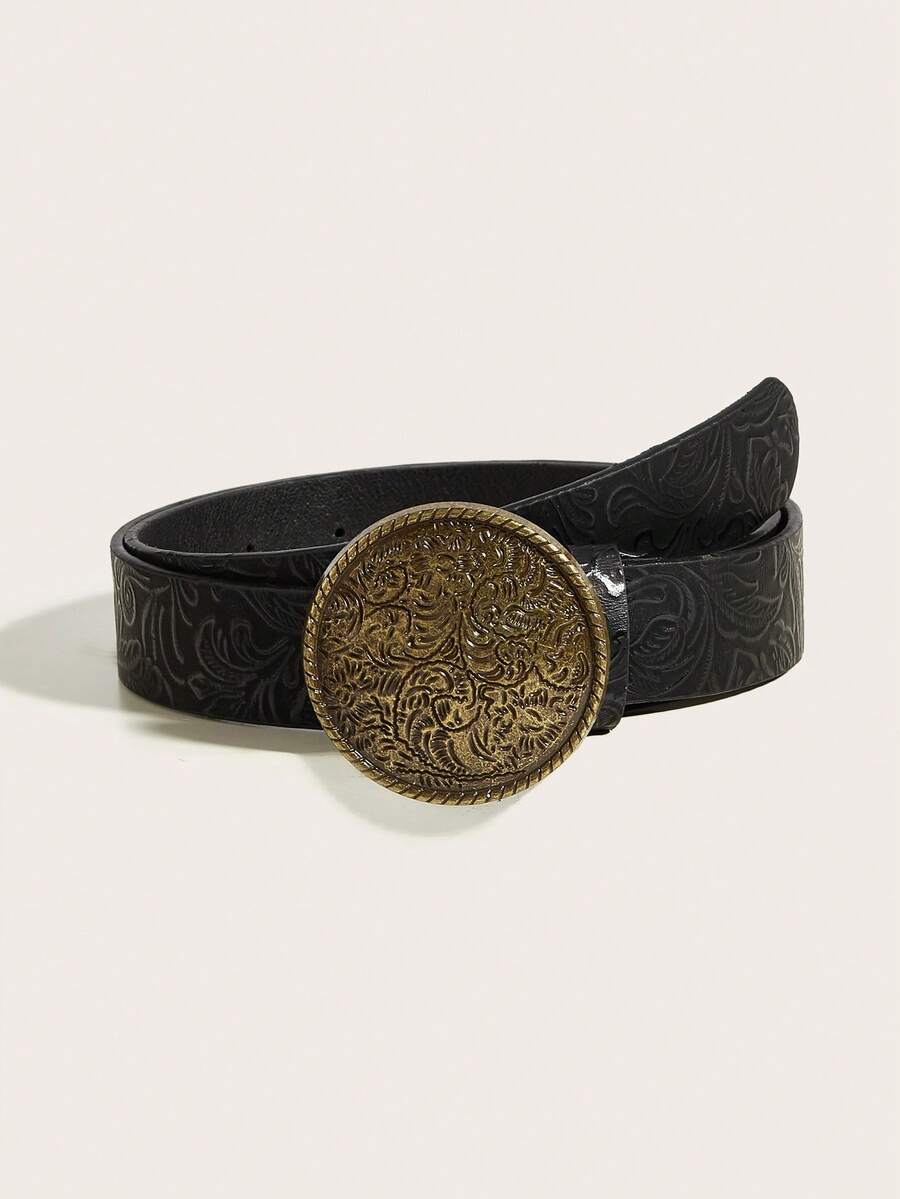 1pc Women's Retro Moon Circle Buckle Coffee Velvet Belt, Suitable For Daily Wear - Black - View 1