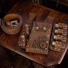 Medieval Alchemist Magic Potion Belt With Pentagram Pouch And 6 Potion Bottles, Renaissance LARP Wizard Cosplay Belt,Party - A - View 3